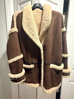 Women's Brown Shearling-Trim Reversible
Suede Jacket - Cozy Winter Coat